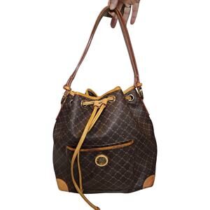 Rioni Signature Drawstring Leather Shoulder Bag Italy Monogram Brown Bucket
